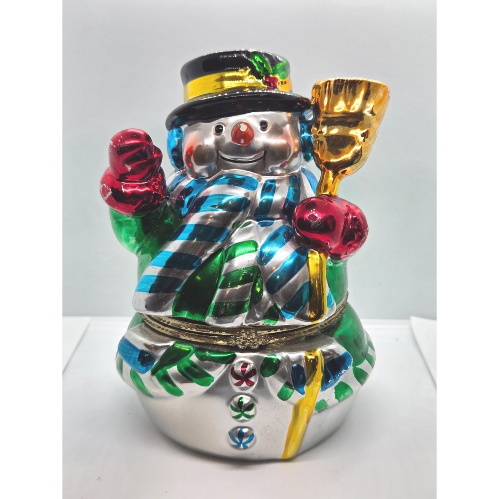Vintage Enamel Snowman Hinged with Animated Ice Skating Music Box Scene